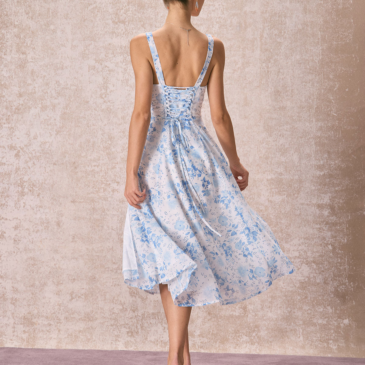 Robe Mi-longue à Fleurs Bleues