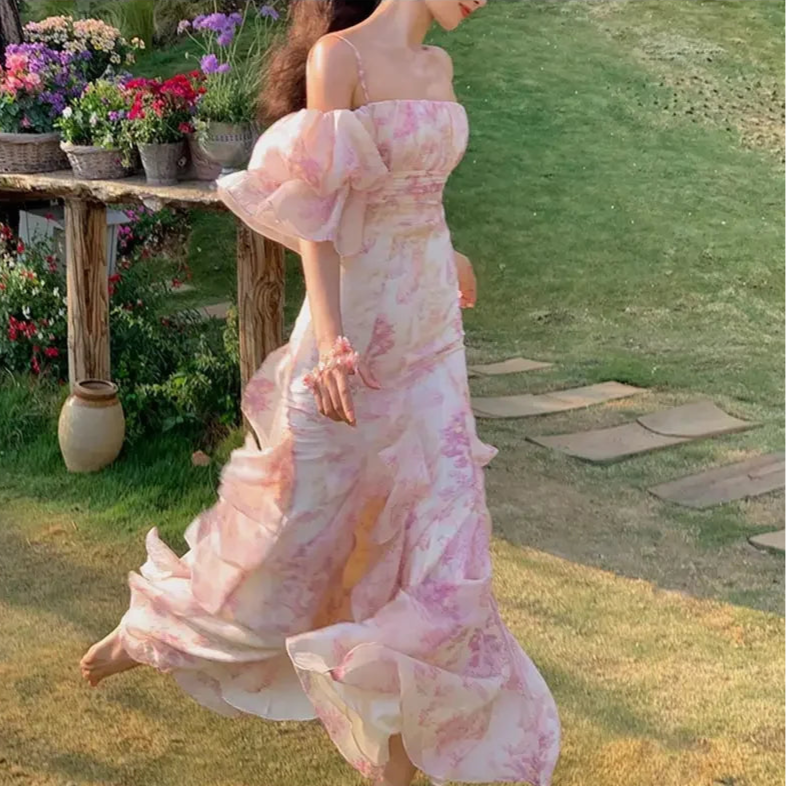 Robe Longue à Fleurs Roses