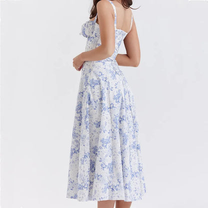 Robe Mi-longue à Fleurs Bleues