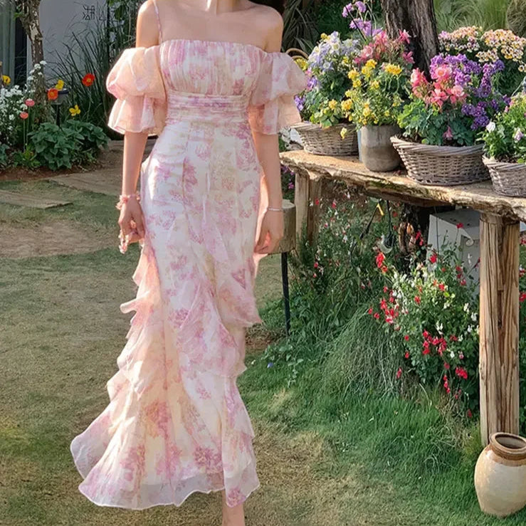 Robe Longue à Fleurs Roses