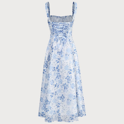 Robe Mi-longue à Fleurs Bleues