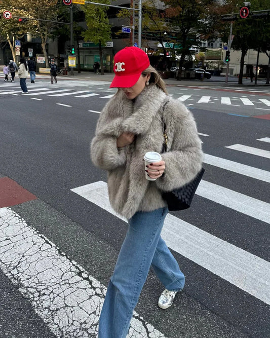 Manteau en Fausse Fourrure Gris